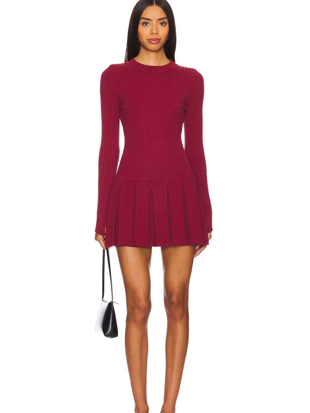 NWT Free People Emmy Ribbed Pleated Long-Sleeve Mini Dress - Burgundy